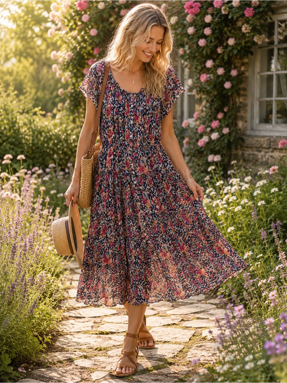Sundance Clarisse Floral Crinkle Dress | Romantic Boho Off-Shoulder Midi Dress